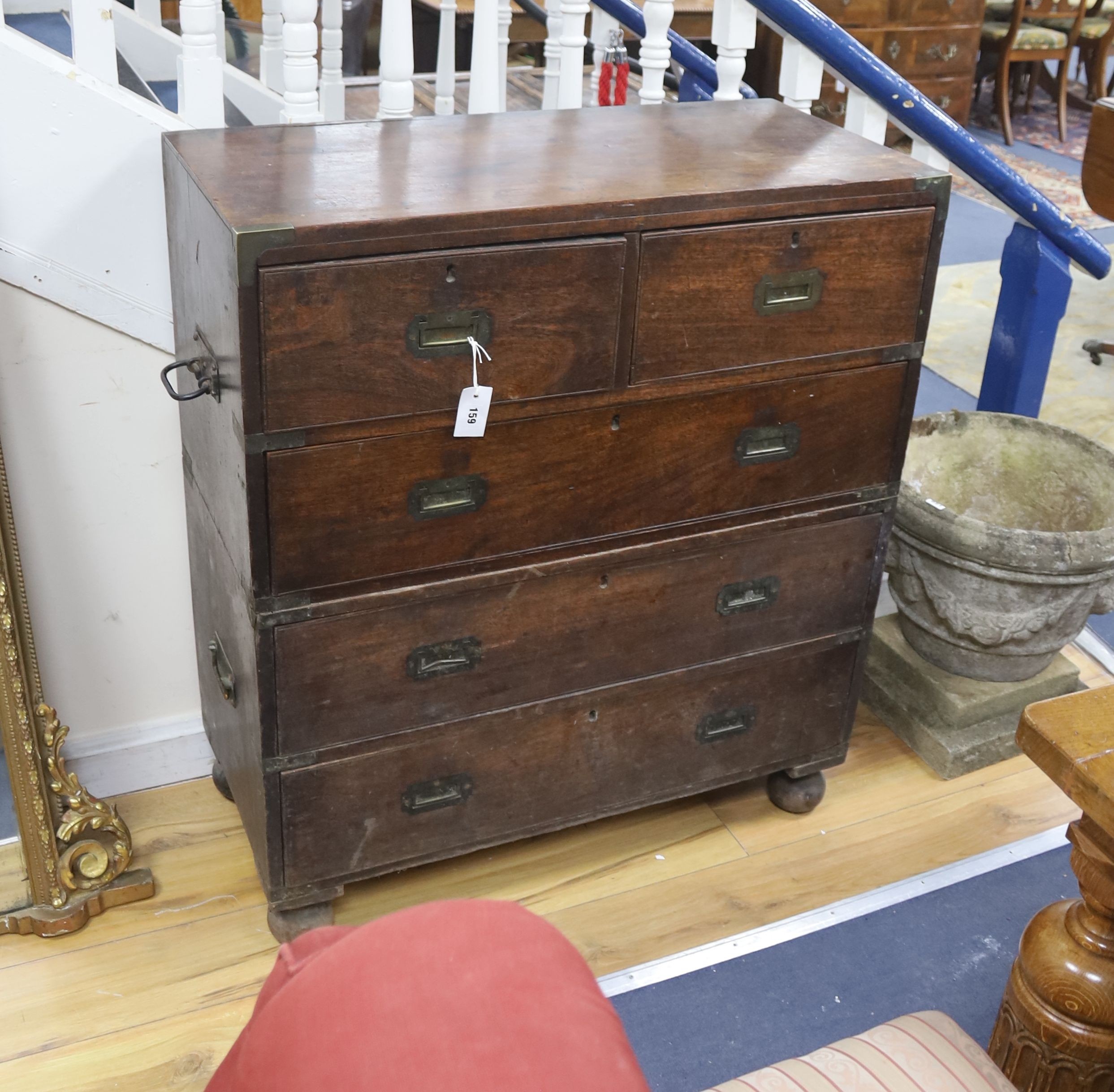 A mid 19th century Indian rosewood brass mounted two part military chest, width 91cm, depth 43cm, height 104cm